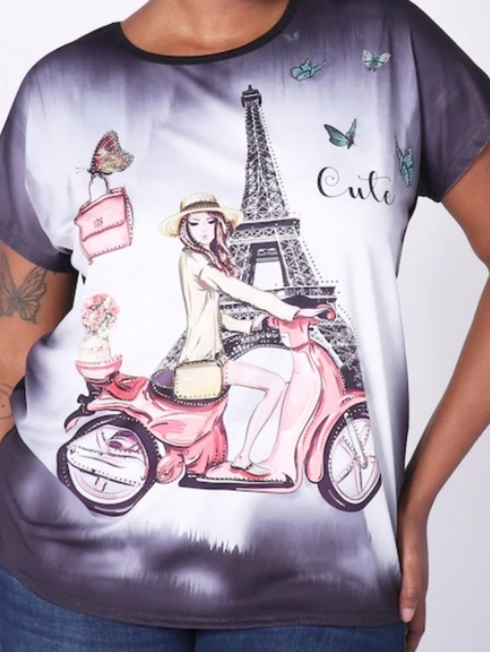 S/M🛵Black and Pink Parisian Graphic Tee Short Sleeve